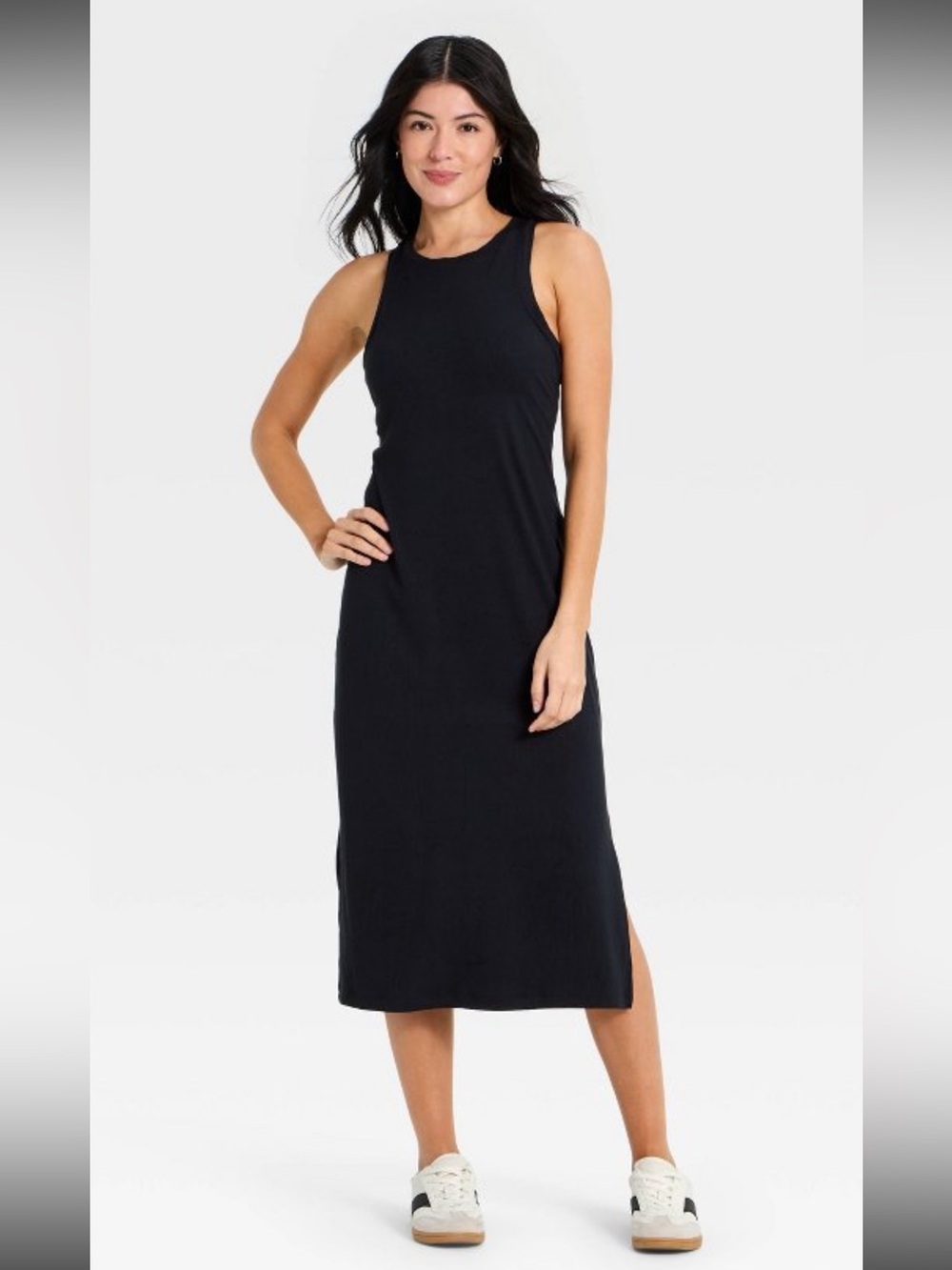 Olive & Oak Black Slim Ribbed Sleeveless Knit Mid Length Dress with Side Slit